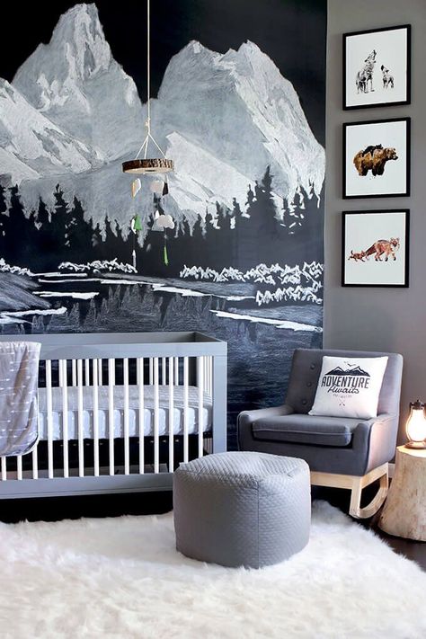 Woodland Adventure Nursery, Baby Room Boy, Woodland Nursery Boy, Outdoor Nursery, Mountain Mural, Nursery Trends, White Crib, Adventure Nursery, Woodland Nursery Theme