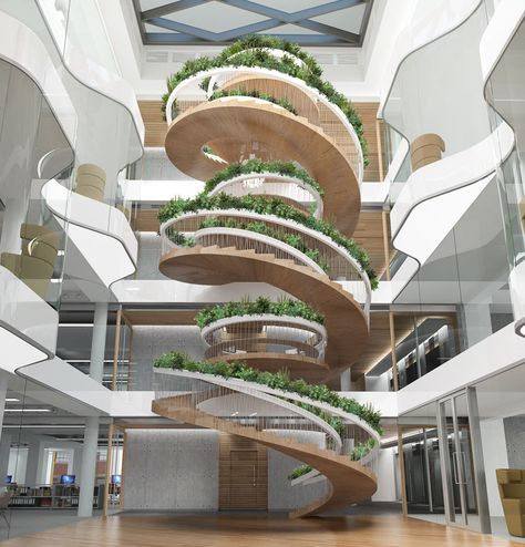 the living staircase by paul cocksedge functions as a garden - designboom | architecture Living Staircase, Spiral Stairs Design, Building Stairs, Escalier Design, Stairs Architecture, Spiral Stairs, Interior Stairs, House Stairs, Spiral Staircase