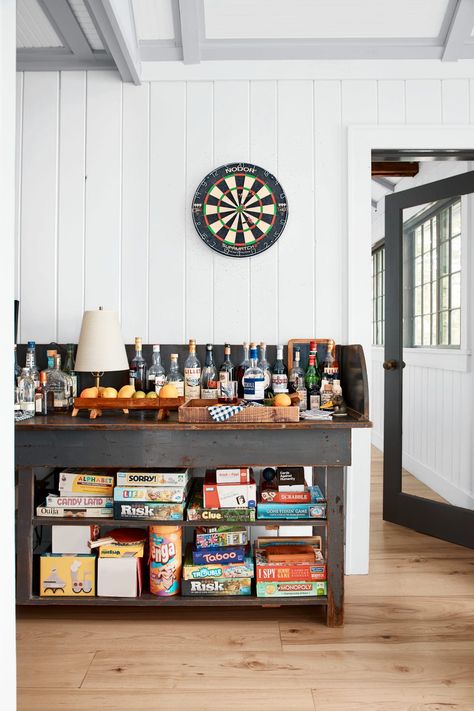 lake house game storage Lake House Decorating Ideas, Lake House Decorating, Modern Lake House Decor, Game Station, House Decorating Ideas, Country Living Fair, Rustic Lake Houses, Cabin Living Room, Fall Decorating Ideas