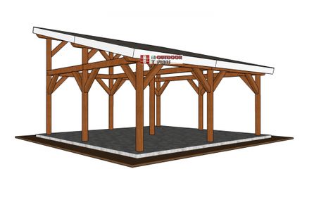 This step by step diy project is about 20x20 pavilion with lean to roof plans. This pavilion has a ground area of 20 ft x 20 ft, but the roof is wider so it will protect more space, as it has overhangs on all sides. Lean To Pavilion Design, 12x16 Lean To Pavilion, Pole Barn Lean To, 16x16 Pavilion, 4x8 Lean To Shed Plans Free, Flat Roof Shed, Lean To Roof, Lean To Shed Plans, Pavilion Plans