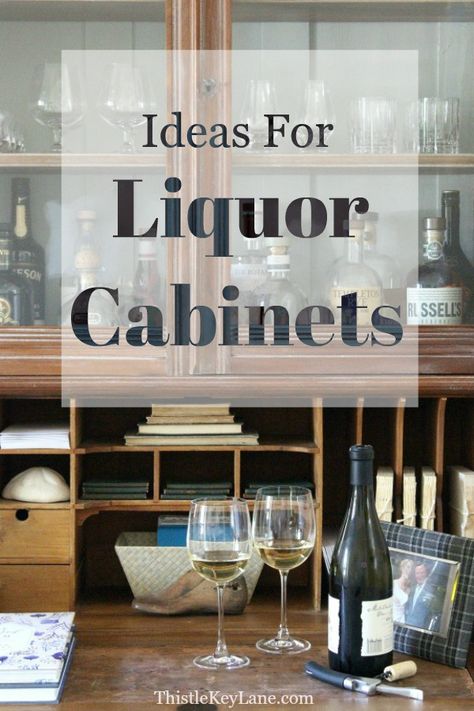 Liquor Area Ideas, Styling A Bar Cabinet, Alcohol Storage Ideas Liquor Cabinet, Vintage Home Bar Ideas, Alcohol Organization Ideas, Drinks Cabinet Ideas Home Bars, Wall Liquor Cabinet, Alcohol Display Home, Built In Liquor Cabinet