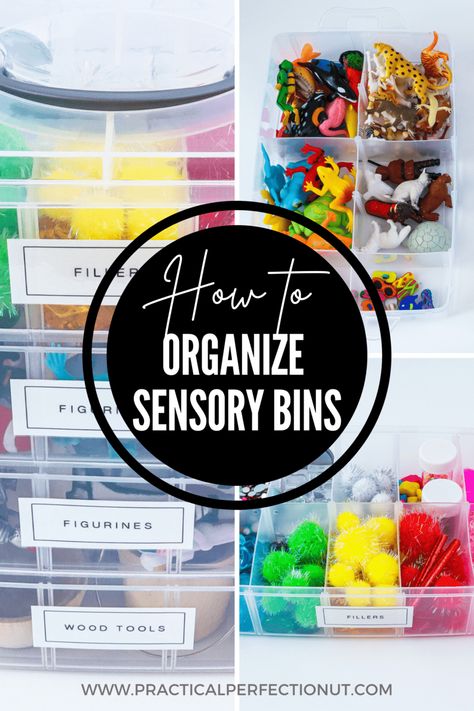 Have sensory bin supplies that you don't know how to organize? Here are the best and easiest methods to store and organize sensory bin materials! #sensoryplay #sensorybin #organization #toyorganization Sensory Bin Materials, Toy Organization Living Room, Organizing Hacks Dollar Stores, Toddler Sensory Bins, Diy Playroom, Educational Play, Toddler Sensory, Sensory Boxes, Organisation Hacks