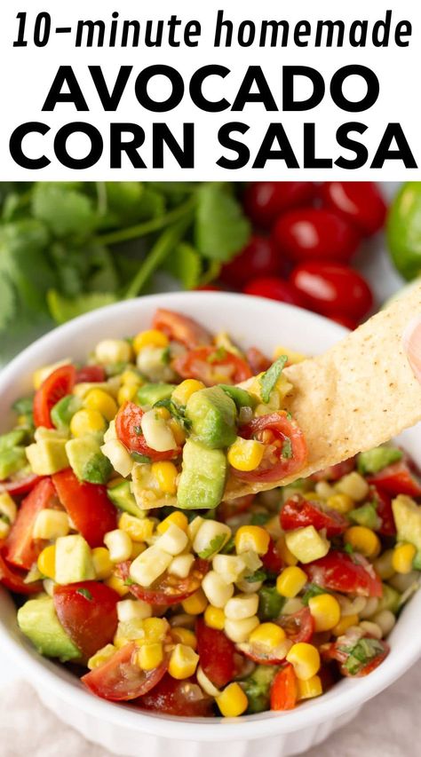 The easiest avocado corn salsa — in 10 minutes! Made without black beans, for this homemade salsa you'll toss together corn (fresh, canned, or frozen corn kernels work), creamy avocado, zesty lime juice, fresh cherry tomatoes, and chopped cilantro. Serve the salsa over grilled salmon, or add it to fish tacos for a burst of fresh flavor! Roasted Corn Salsa Recipe, Salsa With Cilantro, Corn Salsa Dip, Easy Corn Salsa, Avocado Corn Salsa, Roasted Corn Salsa, Corn Salsa Recipe, Mild Salsa, Fresh Cherry