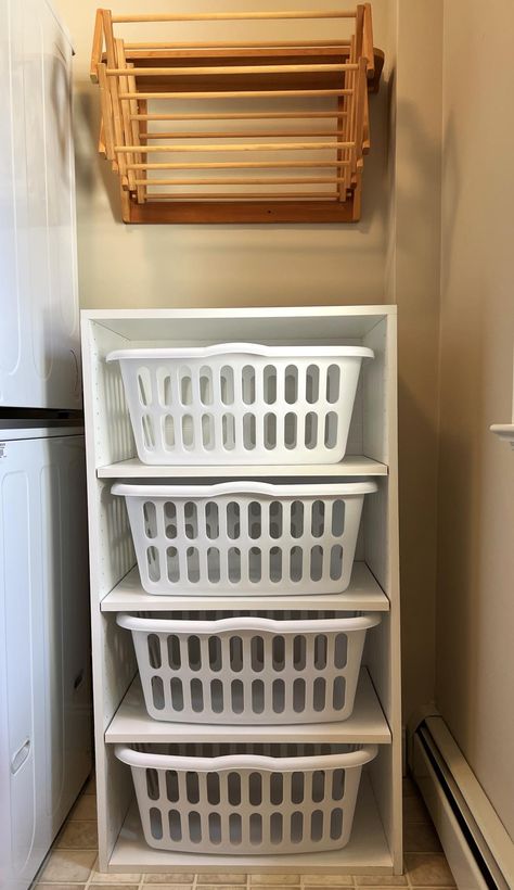 Laundry Basket Diy, Laundry Basket Shelf, Laundry Basket Shelves, Laundry Basket Dresser, Diy Laundry Basket, Basket Shelf, Laundry Shelves, Laundry Basket Organization, Laundry Bin