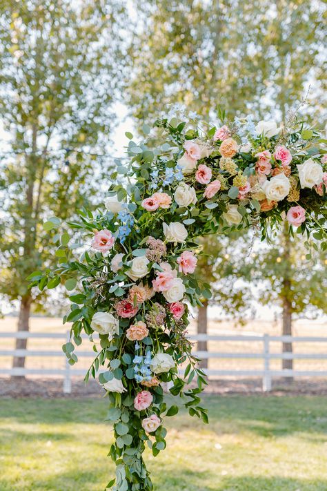 Wedding Flower Arch Details - Pink Shades, Blush, Light Blue, Roses, Greenery, Full Flower Arch Pastel And Greenery Wedding, Pink Flower Arch, Wedding Flower Arch, Blue Flower Arrangements, Bridgerton Wedding, Blue And Blush Wedding, Floral Archway, Pastel Wedding Flowers, Light Blue Roses