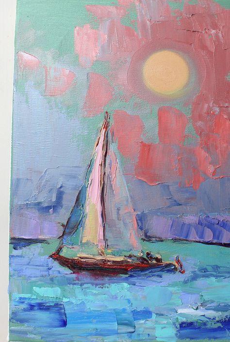 Original sailboat painting from my seascape paintings series. Materials: Quality oil paints, stretched canvas, brush, palette knife. Dimensions : Height: 12 in; Width: 8 in. Colors: blue, pink. Sailboat painting is an original oil painting. It is hand painted on stretched canvas in impasto oil technique with palette knife. Painting comes on stretched canvas without a frame. Ready to hang. *Without frame. *Hand signed by artist (me) Nerijus Kisielius on the front and back side. *This painting is Painting Ideas Blue Background, Ship Painting Acrylic, Organize Basement, Sailing Painting, Surf Painting, Simple Oil Painting, Nautical Painting, Sailing Art, Choice Board