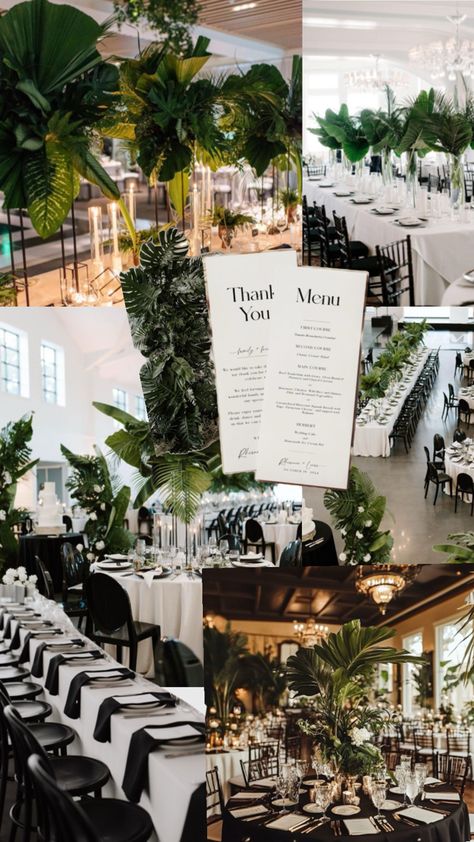 Wedding a tropical Modern Black and White Peacock Chair Sweetheart Table, Black White Gold And Greenery Wedding, White Green And Black Wedding, Formal Tropical Wedding, Black And White Outdoor Wedding, Black White And Greenery Wedding, Tropical Green Wedding, Moody Tropical Wedding, Minimalist Tropical Wedding