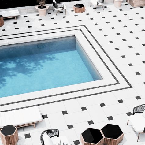 White Pool Tile Ideas - Designing A Modern Outdoor Space With A Contemporary Flair Black And White Pool Area, Black And White Tile Pool, Tile Around Pool, White Pool Tile, Black And White Pool, Pool Tile Ideas, Waterline Pool Tile, White Pool, Pool Inspiration