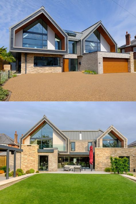 Contemporary new build in Dorest utilised a number of slim framed aluminium glazing systems to allow the glass to be the primary feature whilst adding a touch of luxury to interior designs. IQ Glass provided the full glazing package. To gain more inspiration and see more of the Dorset glazing project, head over to our project case study - https://www.iqglassuk.com/projects/rook-hill-contemporary-new-build/s127851/ Glazed Gable End, Mixed Use Building Design, Glazed Gable, Mix Use Building, Rear Extension, Sliding Glass Doors, Gable Roof, Glass Facades, House Architecture