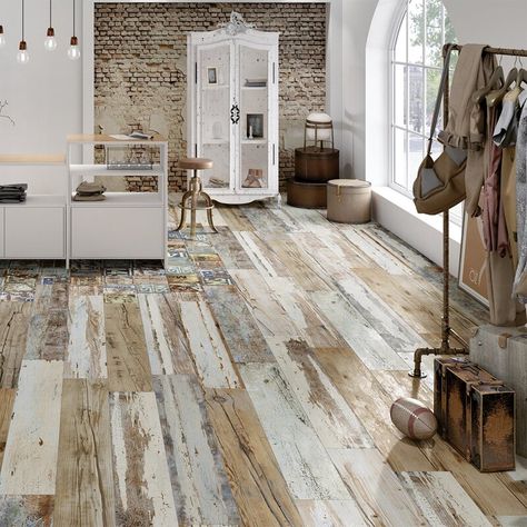 EliteTile Unique 6" x 35.88" Porcelain Vintage Wall & Floor Tile | Wayfair Distressed Tile Floor, Wood Look Porcelain Tile Floors, Distressed Flooring, Wood And Tile Floor, Rustic Cottage Living Room, White Wash Wood Floors, Distressed Floors, Rustic Flooring, Wood Effect Tiles