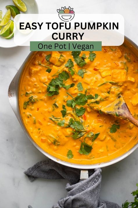 This delicious easy tofu pumpkin curry can be ready to eat in just about 30 minutes and has a short and sweet ingredient list. Thai red curry paste add tons of flavor and some heat that is balanced out by the sweetness in canned pumpkin. Tofu Pumpkin Curry, Pumpkin Curry Thai, Tofu Red Curry, Pumpkin Tofu, Red Curry Tofu, Easy Tofu, Thai Red Curry Paste, College Recipes, Tofu Curry