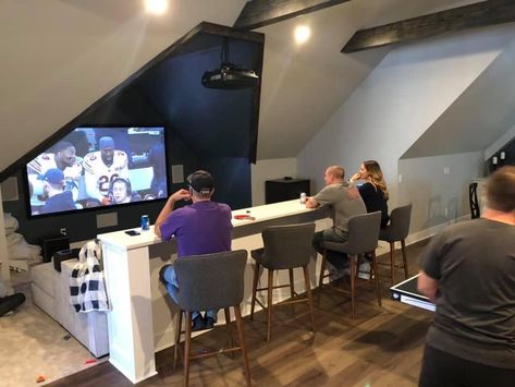 Basement Gaming Setup, Basement Video Game Room Ideas, Bonus Room Above Garage Man Caves, Game Room Attic, Upstairs Loft Ideas Bonus Rooms, Loft Family Room Upstairs, Bonus Room Above Garage Ideas, Attic Hangout Room Ideas, Garage Bonus Room Ideas