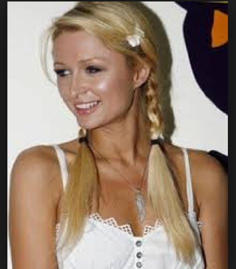 Paris Hilton w/ braids Paris Hilton Hair 2000s, Paris Hilton Short Hair 2000s, Paris Hilton Ponytail, Paris Hilton Pigtails, Blonde Pigtails, Paris Hilton Twitter, Paris Hilton Whisper, Pigtail Braids, Side Bangs