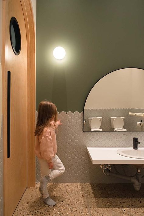 Bambini Daycare, St. Albert, Alberta Holistic Childcare Centre Preschool Bathroom, Kids Washroom, Daycare Bathroom, Daycare Interior Design, Child Care Center Design, Soft Green Paint, Albert Canada, Kindergarten Interior, Kids Toilet