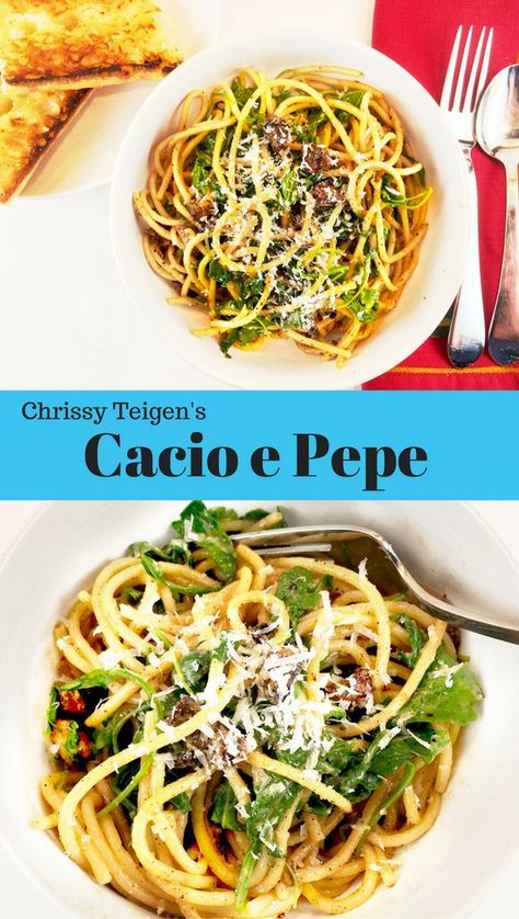 Chrissy Teigen’s Lemon-Arugula Cacio e Pepe is a quick and easy recipe guaranteed to be your new favorite pasta! #ChrissyTeigen #bestpastarecipe #easyandimpressive Chrissy Teigen Recipes, Pasta Food Recipes, Signature Recipes, Pancetta Pasta, Pasta Food, Healthy Pastas, Chrissy Teigen, Classic Dishes, Red Pepper