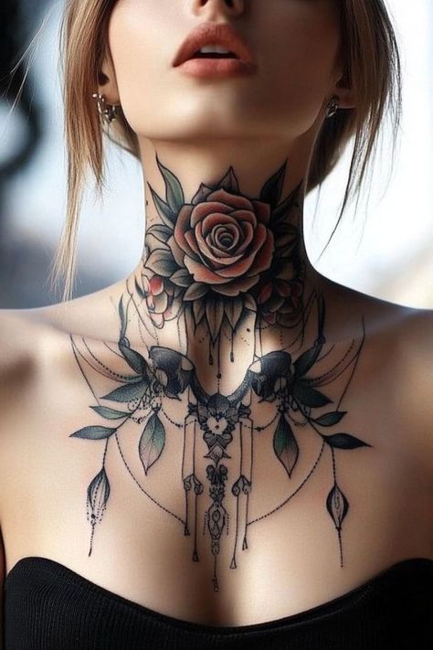 Discover 25 unique chest neck tattoo ideas, from traditional designs to vibrant artwork, for a stunning personal expression. Throat Tattoo Ideas Female, Women’s Necklace Tattoo, Neck Tattoo Color, Girly Neck Tattoos, Full Neck Tattoos Women, Necklace Tattoo Women, Women’s Neck Tattoo, Chest Tattoo Woman, Neck Throat Tattoos Women