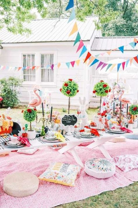 Take a look at this spectacular Alice in Wonderland birthday party! The table settings are stunning!! See more party ideas and share yours at CatchMyParty.com Tea Party Birthday Ideas, Tea Party Activities, Tea Party Menu, Tea Party Attire, Alice In Wonderland Birthday Party, Wonderland Birthday Party, Tea Party Cake, Shabby Chic Party, Wonderland Birthday