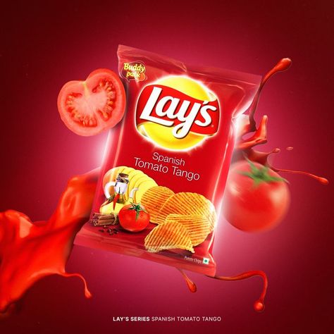 " Enjoy Lay's Spanish Tomato Tango chips with your favourite dip " Commercial Product Visuals | Lay's Series ( Collagism | Personal Artwork ) Introducing my Lay's Series album in which I will be creating stunning product visuals with different categories of Lay's Chips. Lays Poster Design, Chips Poster Design, Tomato Chips, Tomato Poster, Chips Ads, Print Ad, Food Commercial, Lays Logo, Lays Chips