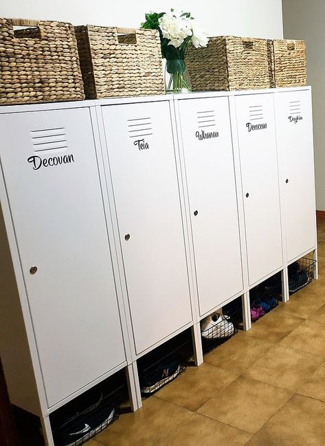 Garage Lockers For Kids, Kids Lockers For Home, Bookbag Storage At Home, Kids Backpack Storage, Lockers Ideas For Home, Locker Hacks, Ikea Lockers, Bookbag Storage, Crete House