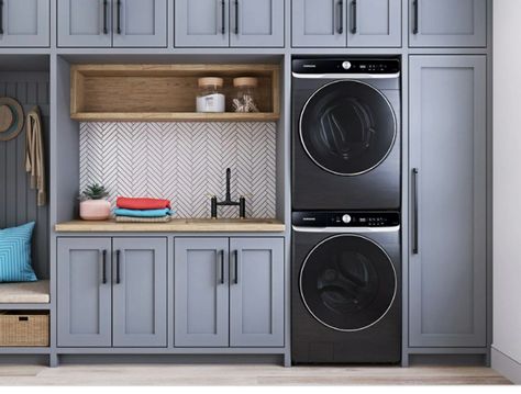 Gray Cabinets Black Appliances, Laundry Room Black Appliances, Stacking Washer And Dryer, Laundry Room Black, Laundy Room, Mediterranean Cooking, Custom Laundry Room, Laundry Makeover, Ohio House