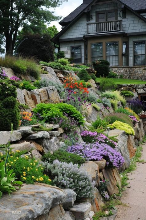 Integrate a pond, waterfall, or fountain to add a soothing sound and focal point to your garden. Mountain Landscaping Ideas, Mountain Landscaping, Steep Hillside Landscaping, Zen Yard, Unique Landscaping, Backyard Retaining Walls, River Rock Landscaping Ideas, Natural Mountain, Front Lawn Landscaping