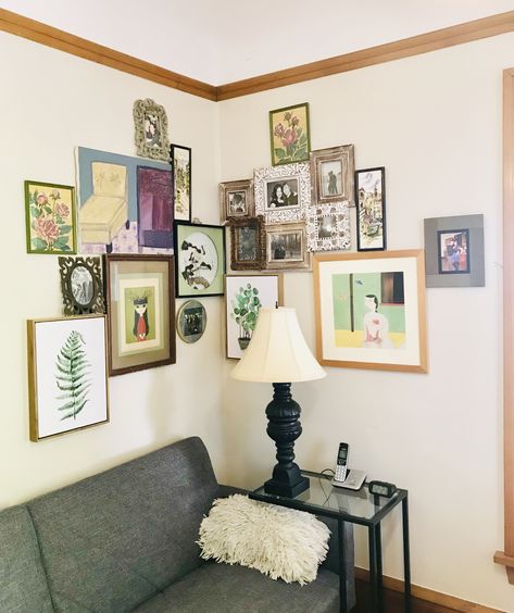 Corner gallery Corner Photo Wall, Corner Picture Wall, Wall Decor Corner, Gallery Corner, Corner Wall Art, Wall Art Corner, Corner Gallery Wall, Corner Wall Decor, Gallery Wall Bedroom