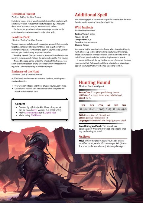 OATH OF THE HUNT - PALADIN SUBCLASS Created by rain-junkiednd GM Binder and PDF versions > more of my work < artwork by Monika... Paladin Oath, Dnd Paladin, Dnd Classes, D D Items, Ascii Art, Dnd 5e Homebrew, Dnd Monsters, Magic Design, Dungeons And Dragons Homebrew