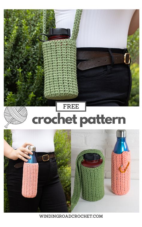 This quick and easy free crochet pattern and video tutorial for a water bottle holder. Stay hydrated and look great with this fun crochet project. Crocheting Water Bottle Holder, Crochet Hydroflask Holder Pattern Free, Water Bottle Crochet Pattern, Free Crochet Pattern Water Bottle Holder, Free Crochet Pattern For Water Bottle Holder, Easy Crochet Bottle Holder, Crochet Projects Water Bottle Holder, Free Water Bottle Holder Crochet Pattern, Crocheted Bottle Holders