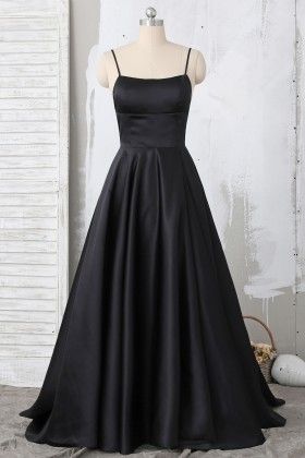 Black Spaghetti, Black Spaghetti Strap, Black Prom Dress, Prom Dress Inspiration, Cute Prom Dresses, A Line Prom Dresses, Grad Dresses, Satin Prom Dress, Black Prom Dresses