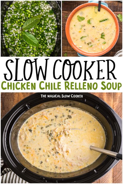 This soup has all the flavors of a chile relleno along with tender chicken. If you love a spicy Mexican soup on a cold night, this recipe is one you'll want to add this chicken chile relleno soup to your meal plan. - The Magical Slow Cooker Crockpot Chicken Poblano Soup, Chili Relleno Soup Slow Cooker, Chicken Relleno Soup, Hatch Red Chile Recipes, Poblano Chicken Soup, Chicken Relleno, Chicken Chile Relleno, Spicy Mexican Soup, Chile Relleno Soup