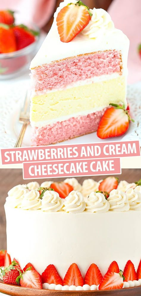 Strawberry And Cheesecake Cake, Vanilla Cheesecake Cake, Strawberry Cream Cheese Wedding Cake, June Birthday Cake For Women, Strawberry Cake With Cheesecake Layer, Cake With Cheesecake Layer Middle, Strawberry Cake And Cheesecake, Cheesecake And Cake Recipes, Strawberry Cheesecake Layer Cake