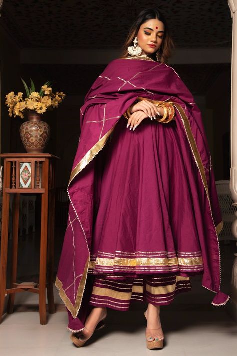 Solid Pure Cotton Purple Anarkali Suit Set - 50 / Ships in 2-3 Weeks Purple Anarkali, Function Dresses, Cotton Anarkali, Anarkali Dress Pattern, Simple Kurti Designs, Traditional Indian Dress, Pakistani Wedding Outfits, Indian Dresses Traditional, Traditional Indian Outfits