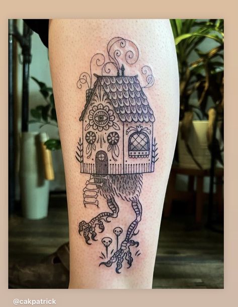 Baba Yaga House Tattoo, Baba Yaga Tattoo, Librarian Tattoo, Illusion Tattoo, Baba Yaga House, Lotusblume Tattoo, Turkish Marbling, Dinosaur Tattoo, House Tattoo