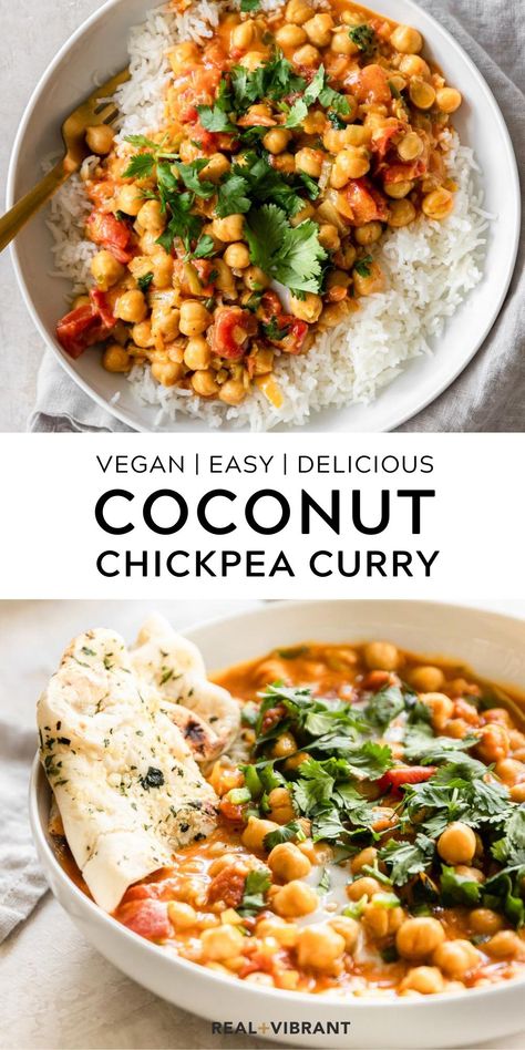 This coconut chickpea curry is the ultimate weeknight dinner. Delicious and packed with flavor, this comfort meal is made with easy pantry ingredients and comes together in less than 30 minutes. } reaandvibrant.com #realandvibrant #chickpeacurry #curry #chickpea #dinnerideas #pantrymeals Coconut Chickpea Curry, Coconut Chickpea, Chickpea Coconut Curry, Dinner Delicious, Pantry Ingredients, Chickpea Recipes, Chickpea Curry, Vegan Healthy, Tasty Vegetarian Recipes