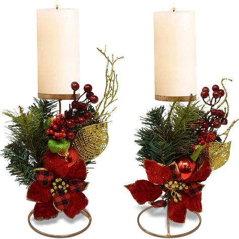 Christmas Table Centerpieces Candle Holder Set of 2 Holiday Gold Metal Pillar Candles Red Berry Twig Pine Leaves Poinsettia Winter Centerpiece for Christmas Home Poinsettia Table Decor, Christmas Dinner Table Decor, Christmas Dining Table Decorations, Candle Holders Metal, Centerpiece For Wedding, Candles Red, Winter Centerpiece, Candle Table Centerpieces, Dining Table Decorations