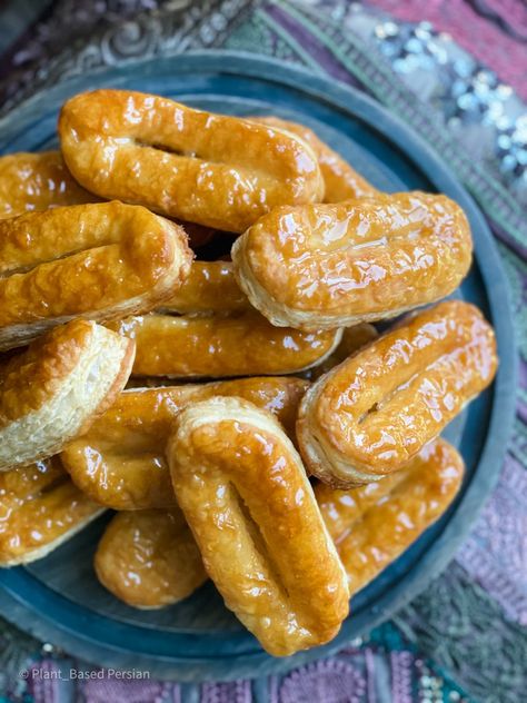 Easy Vegan Persian Zaban Puff Pastry - Plant-Based Persian Persian Desserts Sweets, Persian Desserts, Pepperidge Farm Puff Pastry, Persian Recipes, Persian Cuisine, Puff Pastry Dough, Agave Syrup, Persian Food, Baked Goodies