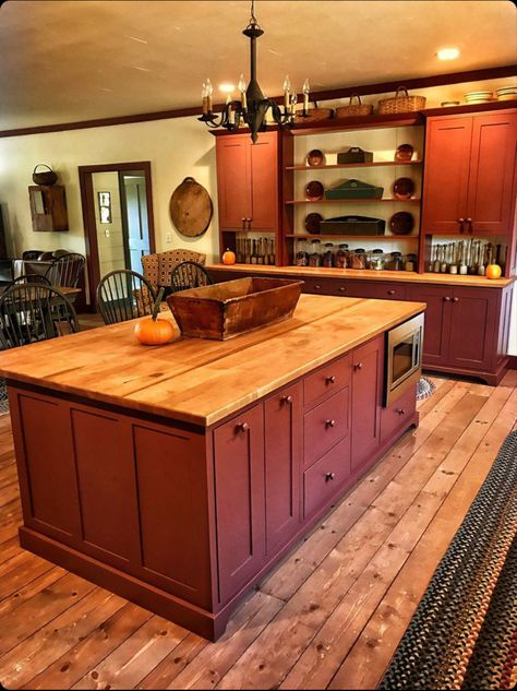 Rustic Red Cabinets, Red Cabinets Kitchen Farmhouse Style, Old Farmhouse Cabinets, Red Kitchen Cabinets Rustic, Red Countertop Kitchen, Primitive Kitchen Colors, Primitive Kitchen Island, Farm Kitchens, Red Country Kitchens