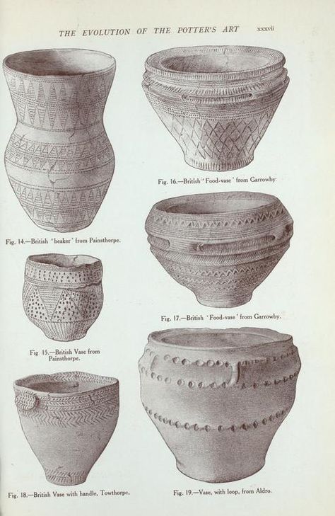 Vessels from the ancient British barrows: Fig. 20-25, Bronze Age. (Illustrations to the T. Sheppard's article.).] Ancient Pottery, Antique Pottery, Ceramic Techniques, Ancient Egyptian Art, Celtic Art, Ceramics Pottery Art, Stone Age, Iron Age, Ceramic Studio