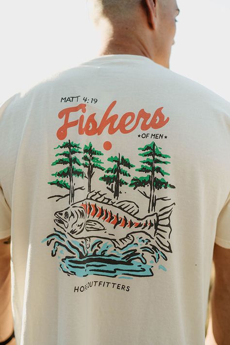 Then He said to them, Follow me, and I will make you Fishers of men. Matt. 4:19. Unisex/men's sizing, check sizing chart for fit Garment dyed and washed for a vintage look and feel Vintage washed natural color with a soft-hand water-based print 100% combed ringspun super-soft cotton tee, mid-weight 6.1 oz. Ethically sourced and manufactured Buy 1 or more items and 100% of the profit is given back to our current campaign - Buy 1 Give 100. Fishers Of Men, Vintage Shirt Design, Cool Graphic Tees, Fishing Outfits, Fish Design, Fishing T Shirts, Mens Tee Shirts, Fishing Shirts, Mens Graphic Tee