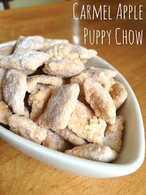 Carmel Apple Treats, Graham Kerr Recipes, Snickerdoodle Puppy Chow, Flavored Puppy Chow, Puppy Chow Flavors, Pistachio Puppy Chow, Fall Puppy Chow, Hand Snacks, Minion Snacks