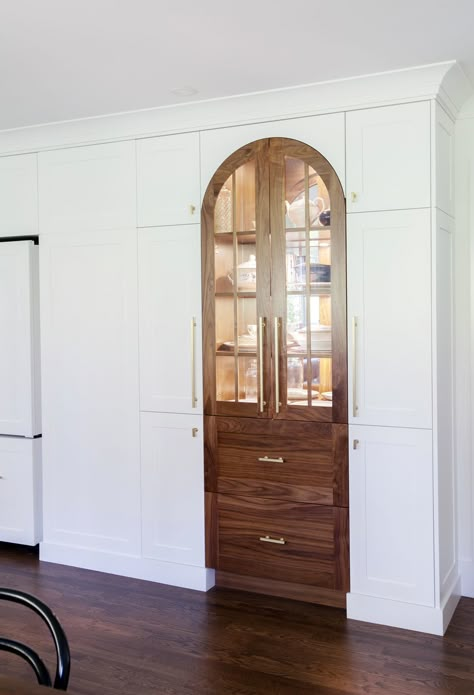 Arched Pantry Cabinet, Arch Cabinet Doors, Arch Cabinets Kitchen, Arched Built In Cabinet, Built In Arched Cabinet, Arched Cabinet Kitchen, Glass Cabinets In Kitchen, Arched Cupboard, Arched Kitchen Cabinets