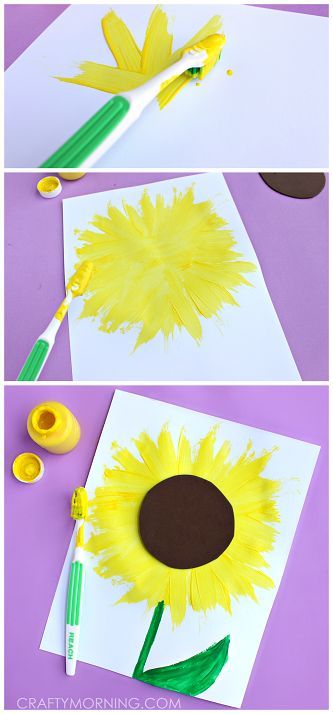 Make a Sunflower Craft using a Toothbrush! (Fun summer kids craft) | CraftyMorning.com Sunflower Craft, Fun Summer Crafts, Sunflower Crafts, Summer Crafts For Kids, Sunflower Art, Crafts For Kids To Make, Craft For Kids, Childrens Crafts, Construction Paper