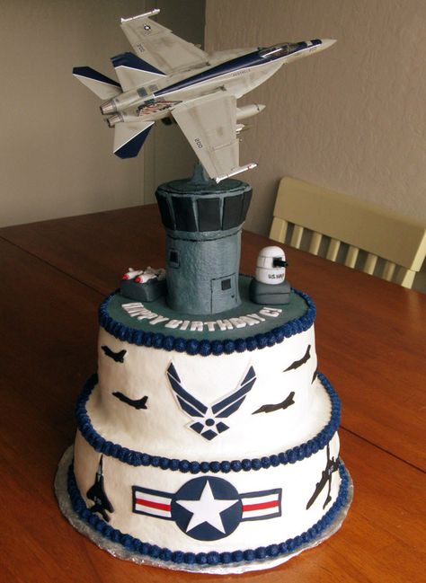 This is a cake I made for my son's 17th birthday. He is really into the military… Air Force Cake, Airplane Cakes, Air Force Birthday, Navy Cakes, Military Cake, Strawberry Cake Filling, Navy Birthday, Airplane Cake, Military Party