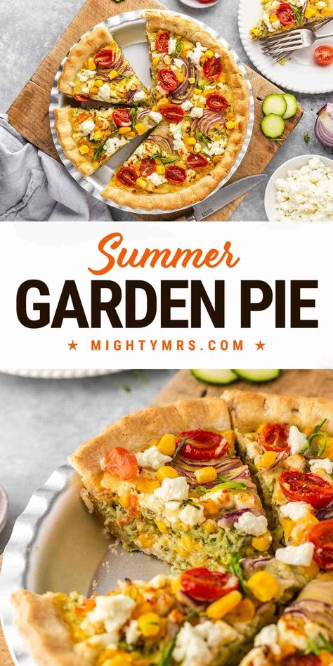 Summer Garden Pie is basically a summer garden harvest made into a savory pie that’s been baked to perfection. Made with fresh shredded zucchini, corn, grape tomatoes, red onion and feta cheese. Simple and delicious! Perfect for brunch. Summer Harvest Recipes, Garden Harvest Recipes, Vegetable Desserts, Vegetable Pies, Vegetable Pie Recipes, Pie Ideas, Supper Tonight, Zucchini Corn, Comfort Recipes