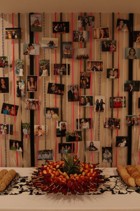 Hanging Pictures Party Decor, Hanging Photos Party Decor, Display Pictures For Party, Picture Hanging Ideas For Party, Hanging Photos For Birthday, Pictures Party Decor, Grab Party Decor, Picture Decorations For Party, Photo Collage Party Display Ideas