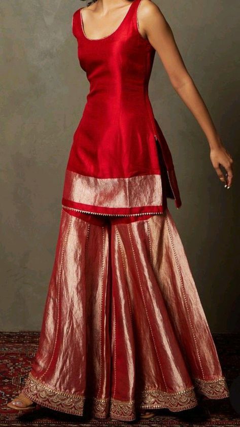 Short Kurti And Lehenga, Banarasi Saree Dress Design, Outfit From Banarasi Saree, Trendy Sharara Designs, Outfit From Scratch Ideas With Saree, Saree Stiched Dress, Anarkali From Scratch, Banarasi Sharara Suits, Ethinic Wear Indian Women Kurtis