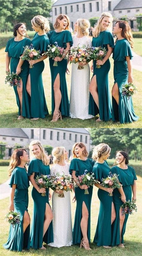 Teal Bridesmaid Dress With Sleeve Bridesmaid Dress With Sleeve, Teal Bridesmaid Dresses Long, Teal Dress For Wedding, Teal Bridesmaid Dress, Teal Blue Weddings, Ruffles Sleeves, Teal Bridesmaid, Dress With Sleeve, Turquoise Bridesmaid Dresses