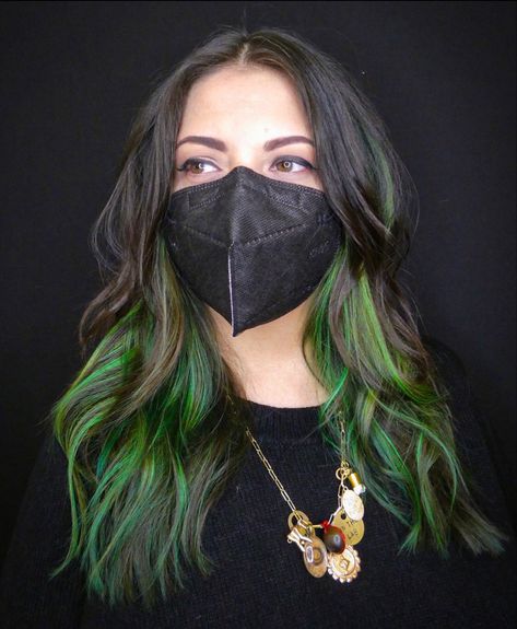 Green hair highlights baby lights pulp riot color Dark Green Baylage Hair, Brunette Hair With Green Highlights, Highlights Green Hair, Dark Green Ends Hair, Green Hair Colour Ideas, Green Balayage Brunettes, Light Green Hair Highlights, Green Underlayer Hair, Green Lowlights In Brown Hair