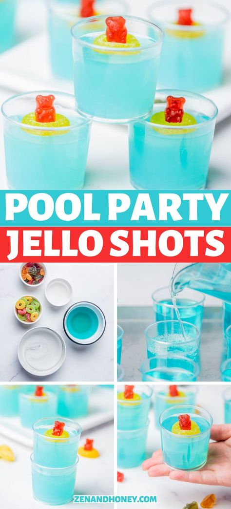 Pool party jello shots for summer! Easy and fun jello shots recipe you'll be making at your next beach party! Kid Friendly Jello Shots, Pool Party Jello Shots, Fun Jello Shots, Party Jello Shots, Summer Jello Shots, Mojito Jello Shots, Peach Gummies, Making Jello Shots, Best Jello Shots