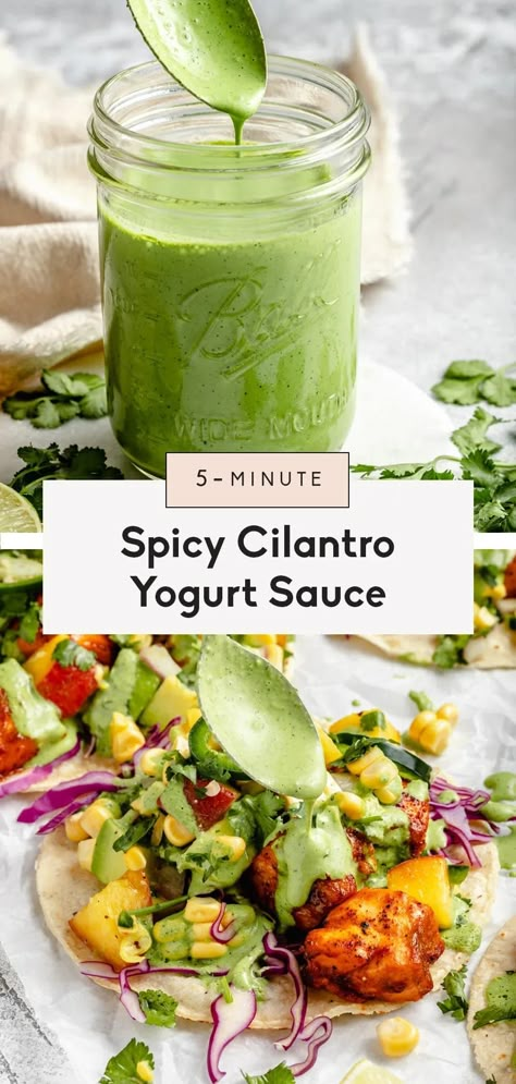 Flavorful and spicy cilantro yogurt sauce made with simple ingredients like creamy greek yogurt, fresh cilantro and jalapeño for the perfect kick of heat. This easy, versatile cilantro yogurt sauce can be used as a dip for veggies or chips, a marinade for your favorite protein, or as a delicious drizzle on top of tacos, nachos, and more! Dip For Veggies, Greek Yogurt Sauce, Cilantro Salsa, Jalapeno Sauce, Cilantro Lime Sauce, Cilantro Sauce, Ambitious Kitchen, Taco Sauce, Sauce For Chicken